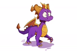 Size: 1790x1196 | Tagged: safe, artist:alaynakgray, spyro the dragon (spyro), dragon, fictional species, western dragon, feral, spyro the dragon (series), the legend of spyro, 2021, cute, cute little fangs, fangs, horns, male, purple scales, scales, simple background, solo, solo male, spines, tail, teeth, webbed wings, white background, wings, yellow scales