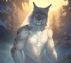 Size: 1100x968 | Tagged: safe, artist:endlenn, feline, lynx, mammal, anthro, 2021, black body, black fur, cheek fluff, chest fluff, complete nudity, ear tuft, fluff, front view, fur, male, nudity, outdoors, signature, solo, solo male, werebeast, white body, white fur