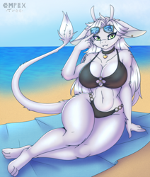 Size: 1400x1650 | Tagged: safe, artist:complextree, oc, oc only, oc:efri, fictional species, anthro, 2021, absolute cleavage, adorasexy, beach, beach towel, belly button, bikini, breasts, cleavage, clothes, commission, cute, cute little fangs, ears, eyebrows, eyelashes, fangs, female, fluff, fur, glasses, green eyes, hair, huge breasts, long hair, looking at you, nudity, partial nudity, paws, pendant, sexy, shoulder fluff, smiling, smiling at you, solo, solo female, sunglasses, swimsuit, tail, tail tuft, teeth, thick thighs, thighs, towel, water, white body, white fur, white hair, wide hips