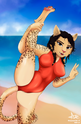 Size: 3656x5600 | Tagged: safe, artist:aze, oc, oc only, feline, fictional species, khajiit, mammal, anthro, digitigrade anthro, the elder scrolls, absurd resolution, beach, black hair, breasts, clothes, ear fluff, elbow fluff, eyebrows, eyelashes, fangs, female, flexible, fluff, fur, gesture, hair, leg hold, looking at you, one leg raised, one-piece swimsuit, open mouth, outdoors, paw pads, paws, peace sign, raised leg, seaside, sharp teeth, shoulder fluff, solo, solo female, spotted fur, standing split, swimsuit, tail, tan body, tan fur, teeth, whiskers