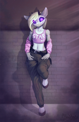Size: 1941x3000 | Tagged: safe, artist:phenya, android, equine, mammal, pony, robot, anthro, unguligrade anthro, belly button, belt, blank eyes, bottomwear, clothes, crop top, female, hooves, horns, jacket, leaning back, midriff, pants, purple eyes, solo, solo female, topwear