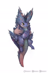 Size: 1364x2048 | Tagged: safe, artist:xezeno1, alatreon (monster hunter), dragon, fictional species, feral, monster hunter, ambiguous gender, holding, horns, offscreen character, scales, tail