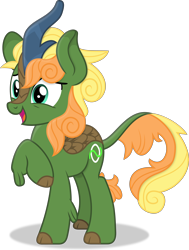 Size: 5592x7397 | Tagged: safe, artist:thatusualguy06, oc, oc only, oc:thatusualguy, equine, fictional species, kirin, mammal, feral, friendship is magic, hasbro, my little pony, 2021, absurd resolution, blonde hair, blue eyes, cloven hooves, cute, fluff, fur, green body, green fur, hair, hooves, kirin-ified, leg fluff, male, mane, multicolored hair, ocbetes, open mouth, orange hair, raised hoof, scales, simple background, smiling, solo, solo male, tail, tail fluff, transparent background, two toned hair, unsure, vector