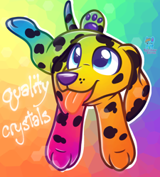 Size: 1016x1127 | Tagged: safe, artist:rainbow eevee, canine, dalmatian, dog, mammal, ambiguous gender, blue eyes, colored pupils, colorful, colorful background, crystal, freckles, fur, lisa frank, panting, paw pads, paws, rainbow, rainbow background, rainbow fur, silly, spotted fur, text, tongue, tongue out