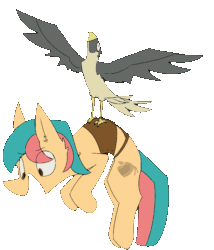 Size: 597x696 | Tagged: safe, artist:gyrotech, artist:input-command, edit, oc, oc:aerie rufter, bird, bird of prey, earth pony, equine, falcon, fictional species, mammal, pony, feral, friendship is magic, hasbro, my little pony, blue hair, brown eyes, color edit, cutie mark, due, ears, eyelashes, female, fur, hair, hooves, pink hair, tail, yellow body, yellow fur