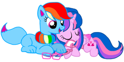 Size: 1280x644 | Tagged: safe, artist:徐詩珮, rainbow dash (mlp), oc, oc:hsu amity, oc:rainbow eevee, alicorn, eevee, eeveelution, equine, fictional species, hybrid, mammal, pokémon pony, pony, feral, friendship is magic, hasbro, my little pony, nintendo, pokémon, duo, duo female, female, females only, sleeping