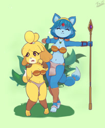 Size: 1654x2017 | Tagged: safe, artist:fant_da, isabelle (animal crossing), krystal (star fox), canine, dog, fox, mammal, shih tzu, anthro, animal crossing, nintendo, star fox, barefoot, belly button, blue body, blue fur, blue hair, breasts, clothes, concerned, cosplay, cute, dipstick tail, duo, duo female, eyelashes, female, females only, fur, green background, hair, hair band, hand hold, head jewelry, holding, jewelry, loincloth, looking at you, midriff, pale belly, pendant, short hair, simple background, spear, sweat, sweatdrop, tail, thumbs up, topwear, vixen, weapon, yellow body, yellow fur, yellow hair