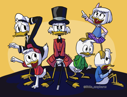 Size: 2812x2132 | Tagged: safe, artist:little-ampharos, dewey duck (disney), donald duck (disney), huey duck (disney), louie duck (disney), scrooge mcduck (disney), webby vanderquack (ducktales), bird, duck, waterfowl, anthro, disney, ducktales, ducktales (2017), mickey and friends, 2d, brother, brothers, daughter, father, father and child, father and daughter, feathers, female, great uncle and great nephew, group, high res, male, nephew, siblings, triplets, uncle, uncle and nephew, white feathers, young