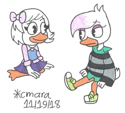 Size: 865x783 | Tagged: safe, artist:cmara, lena (ducktales), webby vanderquack (ducktales), bird, duck, waterfowl, anthro, disney, ducktales, ducktales (2017), 2d, duo, duo female, feathers, female, females only, traditional art, white feathers, young