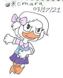 Size: 755x927 | Tagged: safe, artist:cmara, webby vanderquack (ducktales), bird, duck, waterfowl, anthro, disney, ducktales, ducktales (2017), 2d, bird feet, feathers, female, solo, solo female, traditional art, white feathers, young