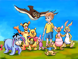 Size: 2805x2138 | Tagged: safe, artist:zdrer456, christopher robin (winnie-the-pooh), eeyore (winnie-the-pooh), kanga (winnie-the-pooh), owl (winnie-the-pooh), piglet (winnie-the-pooh), rabbit (winnie-the-pooh), roo (winnie-the-pooh), tigger (winnie-the-pooh), winnie-the-pooh (winnie-the-pooh), animate object, bear, big cat, bird, bird of prey, donkey, equine, feline, fictional species, human, kangaroo, lagomorph, living plushie, mammal, marsupial, owl, pig, rabbit, suid, tiger, feral, semi-anthro, disney, winnie-the-pooh, 2d, child, female, group, high res, macropod, male, on model, plushie, young
