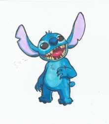 Size: 2473x2796 | Tagged: safe, artist:dumbshizzle, stitch (lilo & stitch), alien, experiment (lilo & stitch), fictional species, disney, lilo & stitch, 2020, 4 fingers, 4 toes, black eyes, blue body, blue claws, blue fur, blue nose, chest fluff, claws, ears, fluff, fur, head fluff, high res, looking at you, male, open mouth, open smile, short tail, simple background, smiling, solo, solo male, standing, tail, torn ear, traditional art, white background