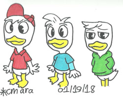 Size: 794x629 | Tagged: safe, artist:cmara, dewey duck (disney), huey duck (disney), louie duck (disney), bird, duck, waterfowl, anthro, disney, ducktales, ducktales (2017), mickey and friends, 2d, feathers, male, males only, traditional art, trio, trio male, white feathers, young