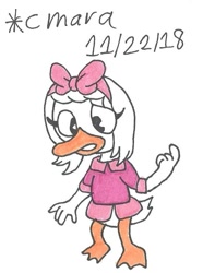 Size: 590x794 | Tagged: safe, artist:cmara, webby vanderquack (ducktales), bird, duck, waterfowl, anthro, disney, ducktales, ducktales (1987), ducktales (2017), 2d, feathers, female, solo, solo female, traditional art, white feathers, young