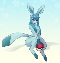 Size: 1230x1280 | Tagged: safe, artist:ima_bunbun, artist:pastel.fur, eeveelution, fictional species, glaceon, mammal, anthro, digitigrade anthro, nintendo, pokémon, 2021, abstract background, blue body, breasts, colored pupils, dipstick tail, eyelashes, female, glistening, glistening body, looking at you, sitting, solo, solo female, tail, white pupils