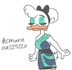 Size: 827x805 | Tagged: safe, artist:cmara, daisy duck (disney), bird, duck, waterfowl, anthro, disney, ducktales, ducktales (2017), mickey and friends, 2d, clothes, dress, feathers, female, sleeveless, solo, solo female, traditional art, white feathers