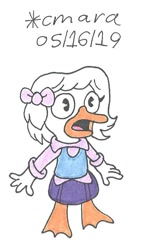 Size: 479x844 | Tagged: safe, artist:cmara, webby vanderquack (ducktales), bird, duck, waterfowl, anthro, disney, ducktales, ducktales (2017), 2d, bird feet, feathers, female, solo, solo female, traditional art, white feathers, young
