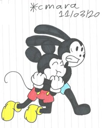 Size: 981x1192 | Tagged: safe, artist:cmara, mickey mouse (disney), oswald the lucky rabbit (disney), lagomorph, mammal, mouse, rabbit, rodent, anthro, disney, mickey and friends, 2d, duo, duo male, male, males only, murine, traditional art
