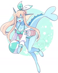 Size: 1231x1541 | Tagged: safe, artist:lycoriblush, oc, oc only, eeveelution, fictional species, mammal, vaporeon, anthro, nintendo, pokémon, abstract background, adorasexy, anklet, ball, beach ball, bikini, blonde hair, bracelet, breasts, cleavage, clothes, colored pupils, cute, cute little fangs, cyan body, cyan eyes, eyelashes, fangs, female, hair, hair accessory, hand hold, holding, jewelry, long hair, open mouth, open smile, sexy, smiling, solo, solo female, swimsuit, tail, teeth, thigh gap, white pupils