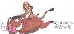 Size: 1280x586 | Tagged: safe, artist:cmara, pumbaa (the lion king), timon (the lion king), mammal, meerkat, suid, warthog, feral, disney, the lion king, 2d, duo, duo male, male, males only, traditional art