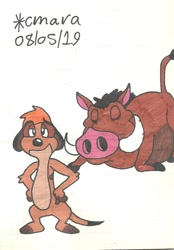 Size: 750x1075 | Tagged: safe, artist:cmara, pumbaa (the lion king), timon (the lion king), mammal, meerkat, suid, warthog, feral, disney, the lion king, 2d, duo, duo male, male, males only, traditional art