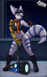 Size: 1683x2768 | Tagged: safe, artist:kgh786, rivet (r&c), fictional species, lombax, mammal, anthro, ratchet & clank, 2020, belly button, black underwear, blue eyes, blue pupils, boots, breasts, clothes, colored pupils, crop top, ear fluff, ear piercing, earring, ears, eyebrows, eyelashes, female, fluff, gloves, goggles, goggles on head, looking at you, panties, piercing, pink nose, prosthetic arm, prosthetics, scarf, shoes, silver hair, smiling, smiling at you, solo, solo female, stars, tail, tail fluff, thighs, topwear, underwear, weapon