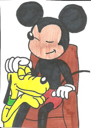 Size: 485x683 | Tagged: safe, artist:cmara, mickey mouse (disney), pluto (disney), canine, dog, mammal, mouse, rodent, anthro, feral, disney, mickey and friends, 2d, duo, duo male, male, males only, traditional art