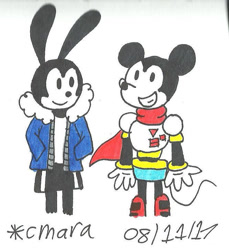 Size: 667x728 | Tagged: safe, artist:cmara, mickey mouse (disney), oswald the lucky rabbit (disney), papyrus (undertale), sans (undertale), lagomorph, mammal, mouse, rabbit, rodent, anthro, disney, mickey and friends, undertale, 2d, cosplay, crossover, duo, duo male, male, males only, traditional art