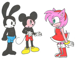 Size: 1008x800 | Tagged: safe, artist:cmara, amy rose (sonic), mickey mouse (disney), oswald the lucky rabbit (disney), hedgehog, lagomorph, mammal, mouse, rabbit, rodent, anthro, disney, mickey and friends, sega, sonic the hedgehog (series), 2011, 2d, crossover, female, group, male, murine, traditional art, trio