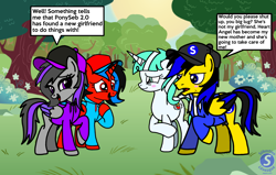 Size: 1954x1243 | Tagged: safe, artist:mrstheartist, oc, oc only, oc x oc, oc:heart angel, oc:love swirl, oc:ponyseb 2.0, oc:viola love, alicorn, equine, fictional species, mammal, pegasus, pony, unicorn, feral, friendship is magic, hasbro, my little pony, base used, blushing, cap, clothes, embarrassed, female, floppy ears, group, hat, hoodie, male, male/female, mare, mother, mother and child, mother and son, nature, shipping, son, speech bubble, stallion, topwear, violaseb (oc), vulgar