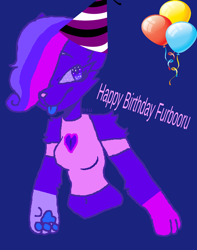 Size: 1046x1326 | Tagged: safe, artist:moonlightwolfpup, oc, oc:moonlight, anthro, balloon, birthday hat, clothes, female, fur, happy, purple eyes, simple background, tongue, tongue out