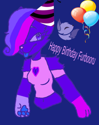 Size: 1046x1326 | Tagged: safe, artist:moonlightwolfpup, oc, oc:moonlight, anthro, 2021 furbooru anniversary, anniversary, balloon, belly button, birthday hat, blue paw pads, blue tongue, boob window, breasts, cheek fluff, clothes, colored sclera, colored tongue, eyelashes, female, fluff, fur, hair, hair over one eye, happy, happy birthday furbooru, keyhole, paw pads, paws, pink nose, pink shirt, purple body, purple eyes, purple fur, purple sclera, sexy, sexy outfit, shoulder fluff, text, tongue, tongue out, wall of tags
