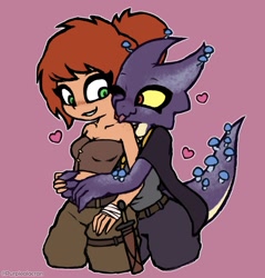 Size: 1061x1109 | Tagged: safe, artist:purplealacran, oc, oc:blackberry (purplealacran), oc:tafh (purplealacran), fictional species, halfling, kobold, mammal, reptile, anthro, humanoid, dagger, duo, duo female, female, female/female, females only, heart, hug, love heart, mushroom, tongue, tongue out, weapon