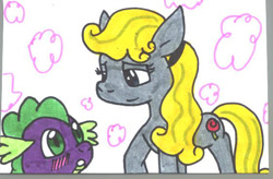 Size: 560x368 | Tagged: safe, artist:cmara, princess aurora (sleeping beauty), spike (mlp), dragon, equine, fictional species, mammal, pony, western dragon, feral, semi-anthro, disney, friendship is magic, hasbro, my little pony, sleeping beauty (disney), 2d, crossover, duo, duo male and female, female, feralized, furrified, low res, male, mare, ponified, traditional art, ungulate