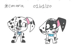 Size: 1020x678 | Tagged: safe, artist:cmara, dee dee (101 dalmatian street), dizzy (101 dalmatian street), canine, dalmatian, dog, mammal, feral, 101 dalmatian street, 101 dalmatians, disney, 2d, duo, female, male, traditional art