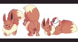 Size: 1050x574 | Tagged: safe, artist:insigniia, eevee, eeveelution, fictional species, mammal, feral, nintendo, pokémon, brown body, brown fur, butt, eyes closed, fur, jumping, looking at you, lying down, on back, poké ball, solo, standing