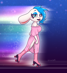 Size: 1837x2000 | Tagged: safe, artist:goobie, oc, oc:gracie bell, lagomorph, mammal, rabbit, universal pictures, 80s, agender, boots, clothes, deity, dress, nonbinary, parody, rainbow, roller skates, shoes, skating, solo, solo agender, solo nonbinary, undercut, xanadu