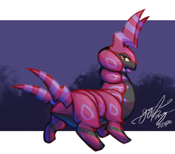 Size: 1024x906 | Tagged: safe, artist:ginja_k_ninja, arthropod, fictional species, insect, scolipede, feral, nintendo, pokémon, 2020, abstract background, ambiguous gender, border, digital art, gray body, looking at you, looking back, looking back at you, rear view, red body, signature, solo, solo ambiguous, three-quarter view, white border