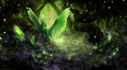 Size: 1618x900 | Tagged: safe, artist:leilryu, bird, feline, fictional species, gryphon, mammal, feral, ambiguous gender, emeral, feathers, forest, green body, green feathers, scenery, scenery porn, solo, solo ambiguous