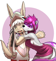 Size: 2172x2376 | Tagged: safe, artist:mykegreywolf, nanachi (made in abyss), canon x oc, oc, fictional species, mammal, mustelid, anthro, made in abyss, breasts, clothes, duo, duo female, eyebrows, eyelashes, female, females only, fur, gray body, gray fur, hair, high res, hug, magenta eyes, mask (facial marking), one eye closed, open mouth, pink hair, shipping, tail