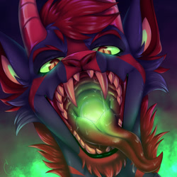 Size: 1280x1280 | Tagged: suggestive, artist:corriezodori, dragon, fictional species, furred dragon, feral, bust, glowing flesh, green eyes, mawshot, open mouth, saliva, sharp teeth, slit pupils, teeth, tongue, tongue out