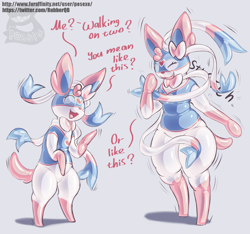 Size: 1280x1200 | Tagged: safe, artist:posexe, eeveelution, fictional species, mammal, sylveon, anthro, feral, nintendo, pokémon, clothes, gloves, mask, monologue, ribbons (body part), shirt, solo, standing, tail, talking, topwear