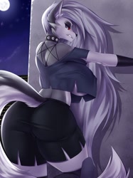 Size: 980x1307 | Tagged: safe, artist:mleonheart, loona (vivzmind), canine, fictional species, hellhound, mammal, anthro, hazbin hotel, helluva boss, 2021, arm fluff, big butt, black nose, bottomwear, breasts, butt, clothes, collar, colored sclera, crop top, ear fluff, ears, eyebrows, eyelashes, eyeshadow, female, fluff, full moon, fur, gloves, gray body, gray fur, gray hair, hair, huge breasts, legwear, long hair, looking at you, looking back, looking back at you, makeup, moon, multicolored fur, night, nipple outline, rearboob, red sclera, shoulder fluff, solo, solo female, spiked collar, tail, tail fluff, teeth, thick thighs, thigh highs, thighs, topwear, torn ear, two toned body, two toned fur, underboob, white body, white eyes, white fur
