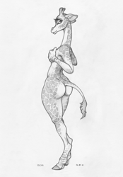 Size: 944x1355 | Tagged: suggestive, artist:ecmajor, giraffe, mammal, anthro, unguligrade anthro, 2018, black and white, breasts, butt, ear fluff, female, fluff, fur, grayscale, holding breast, hooves, horns, looking at you, monochrome, pinup, simple background, solo, solo female, spotted body, spotted fur, standing, tail, traditional art, white background
