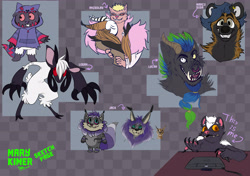 Size: 5000x3529 | Tagged: safe, artist:marykimer, oc, big cat, bovid, canine, caprine, cat, feline, hyena, lamb, lion, mammal, mustelid, sheep, skunk, wolf, anthro, semi-anthro, happy tree friends, cloven hooves, fluff, full body, fur, group, hair, headshot, hooves, mid body, simple background, sketch page, text