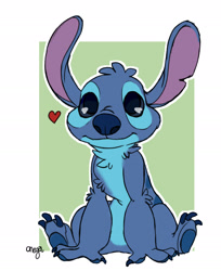 Size: 1833x2241 | Tagged: safe, artist:mitsuki-onega, stitch (lilo & stitch), alien, experiment (lilo & stitch), fictional species, disney, lilo & stitch, 2021, 3 toes, ambiguous gender, back marking, blue body, blue claws, blue eyes, blue fur, blue nose, blue paw pads, blue pupils, chest fluff, claws, colored pupils, digital art, ears, elbow fluff, fluff, fur, green background, head fluff, heart, no sclera, outline, signature, simple background, sitting, solo, solo ambiguous, toe claws, torn ear, white background