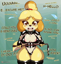 Size: 1000x1050 | Tagged: suggestive, artist:shadowthespirit, isabelle (animal crossing), canine, dog, mammal, shih tzu, anthro, animal crossing, cc by-nc-nd, creative commons, nintendo, 2021, animated, areola, bdsm, big breasts, blushing, border, bra, breasts, brown eyes, brown pupils, cameltoe, cleavage, clothes, crop, dialogue, dominant, dominant female, ears, eyebrows, eyelashes, female, fingerless gloves, fur, gag ball, gif, gloves, hair, hair accessory, latex, latex bra, latex gloves, latex panties, latex stockings, leash, legwear, lingerie, multicolored fur, nipple outline, open mouth, panties, riding crop, shy, solo, solo female, stockings, sweat, tail, tail wag, talking, teeth, text, tongue, underwear, whip, yellow body, yellow fur