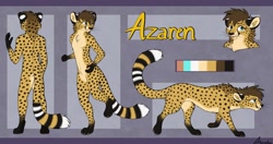 Size: 1280x676 | Tagged: safe, artist:aseethe, oc, oc only, oc:azaren, cheetah, feline, mammal, anthro, digitigrade anthro, feral, 2020, black body, black fur, blep, blue eyes, brown hair, butt fluff, claws, color palette, cream body, cream fur, digital art, duality, featureless crotch, fluff, front view, fur, gloves (arm marking), hair, male, neck fluff, paws, pubic fluff, rear view, reference sheet, ringtail, side view, signature, socks (leg marking), solo, solo male, spotted fur, tail, tongue, tongue out, walking, whiskers, white body, white fur, yellow body, yellow fur