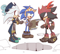 Size: 1280x1155 | Tagged: safe, artist:noodalou, shadow the hedgehog (sonic), silver the hedgehog (sonic), sonic the hedgehog (sonic), hedgehog, mammal, anthro, plantigrade anthro, sega, sonic the hedgehog (series), 2021, male, males only, map, pirate, quills, trio, trio male