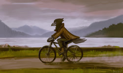 Size: 1400x827 | Tagged: safe, artist:orcaowl, oc, oc only, oc:cheddarcake, bird, corvid, songbird, anthro, 2021, beak, bicycle, black feathers, bottomwear, clothes, digital art, dust, feathers, male, pants, scenery, shoes, side view, smiling, solo, solo male, tail, tail feathers, water